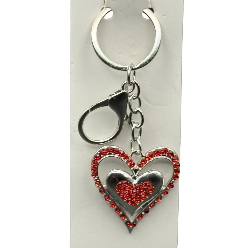 Red Rhinestone Double Heart‎ Keychain Silver Tone Bag Charm Crystal Accessory